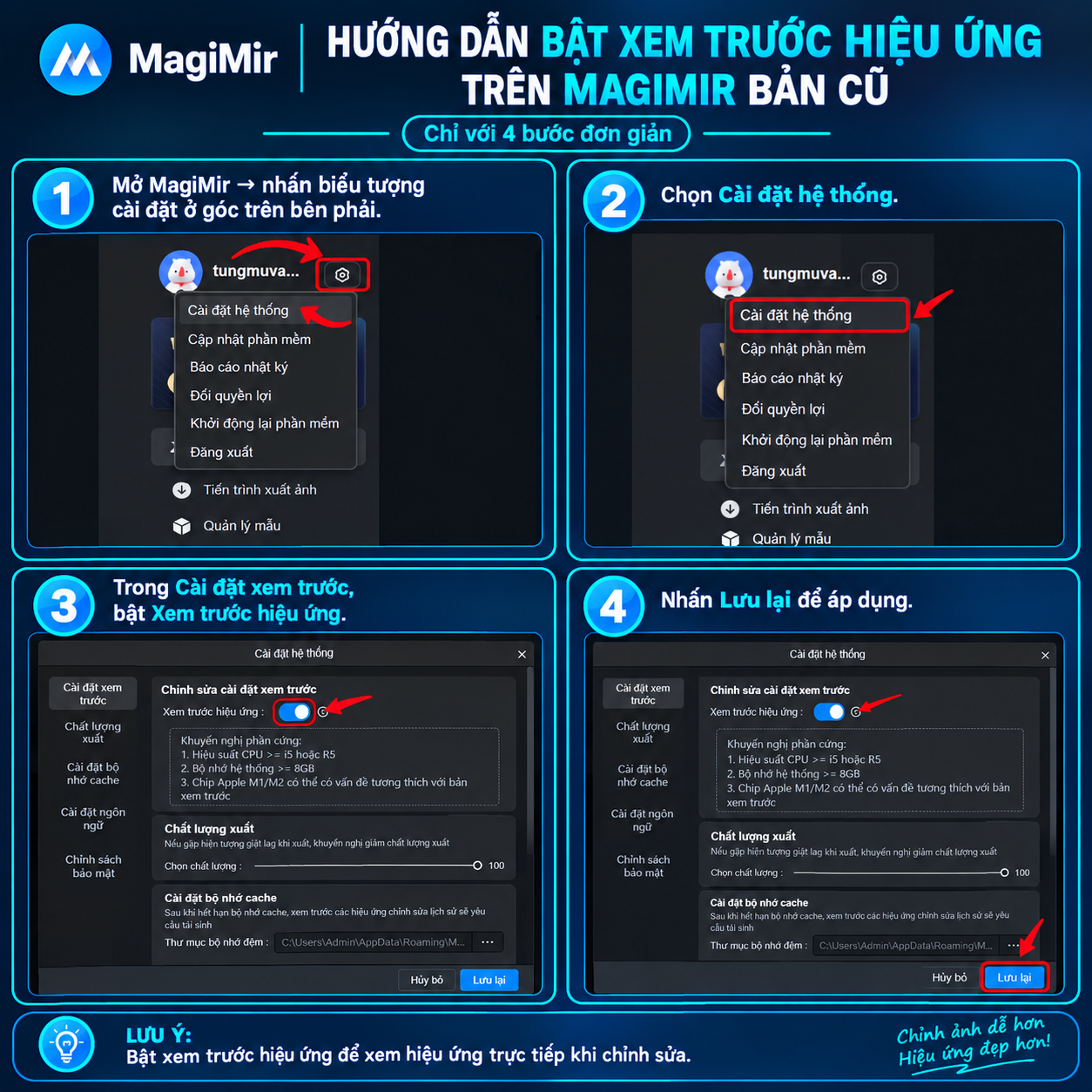 Giao diện cài đặt xem trước hiệu ứng MagiMir AI phiên bản cũ 19x