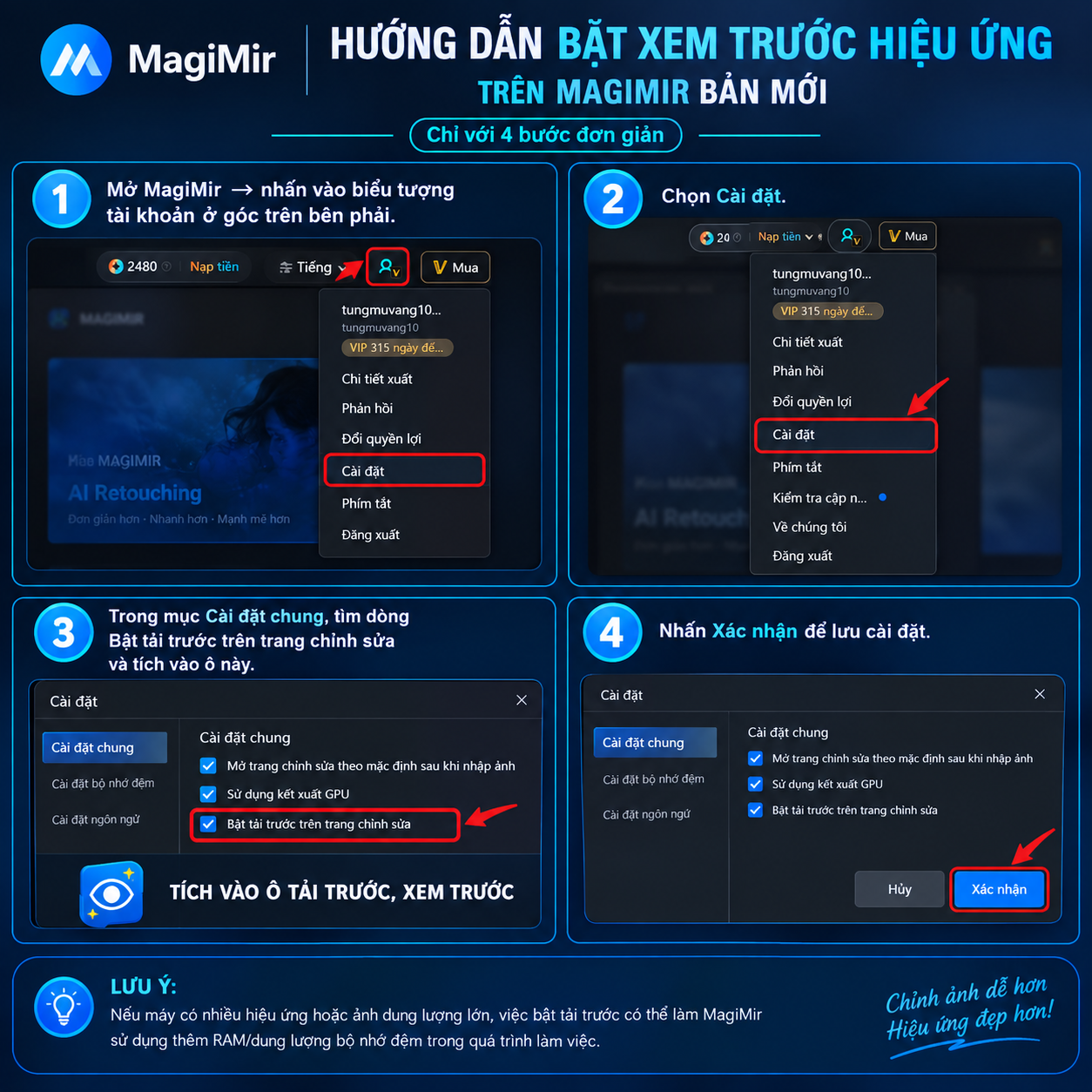 Giao diện cài đặt xem trước hiệu ứng MagiMir AI phiên bản mới 2.x